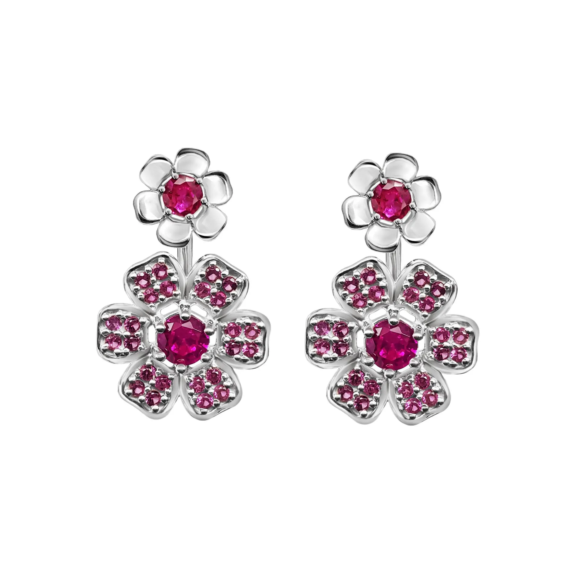 Aretes Anamora Florecer Dobles Flor Rosa Con Cristales