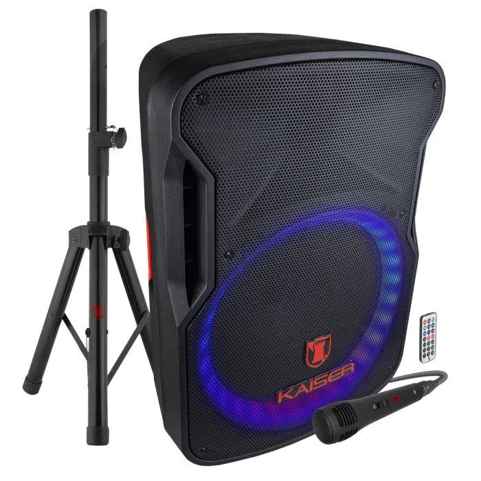 Bafle profesional 15” 26,000 W PMPO tripié y micrófono alámbrico