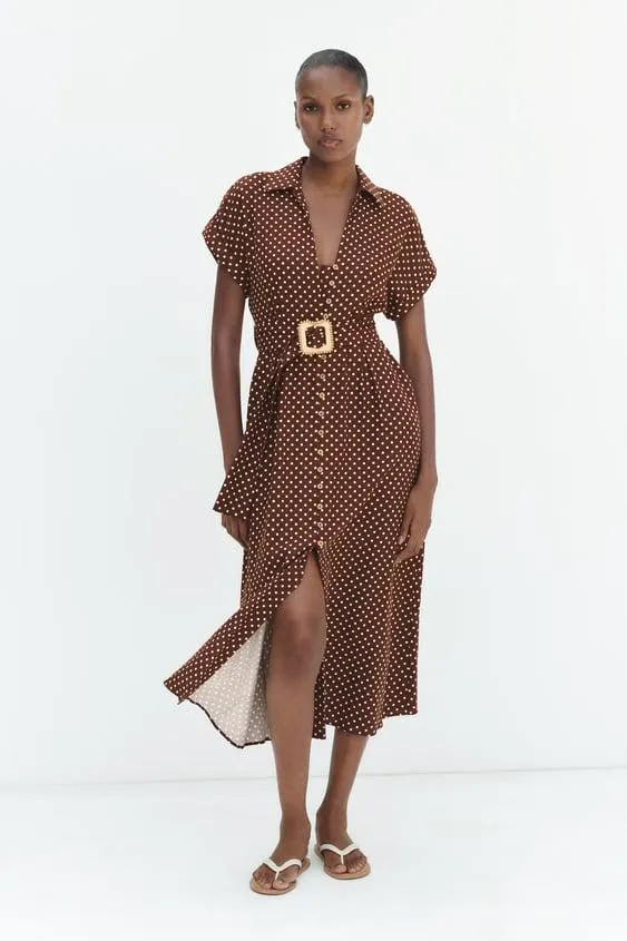 VESTIDO MIDI LUNARES CON LINO
