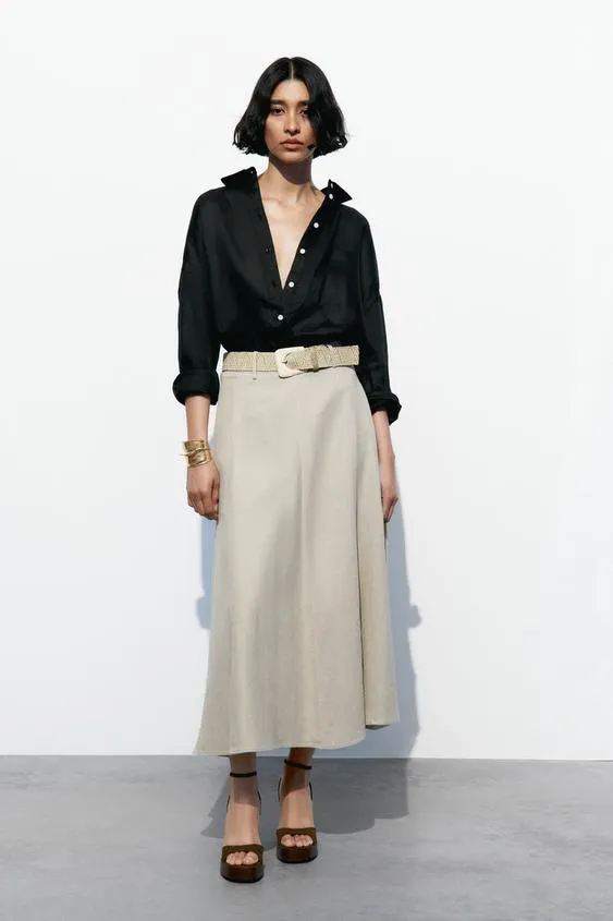FALDA MIDI CAPA CON LINO CINTURÓN