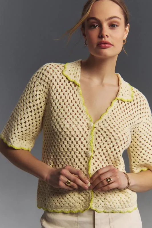 Greylin Crotchet Scalloped Polo Cardigan Sweater