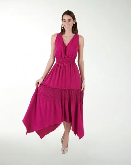 VESTIDO CASUAL LISO CON PLISADO FALDA IRREGULAR