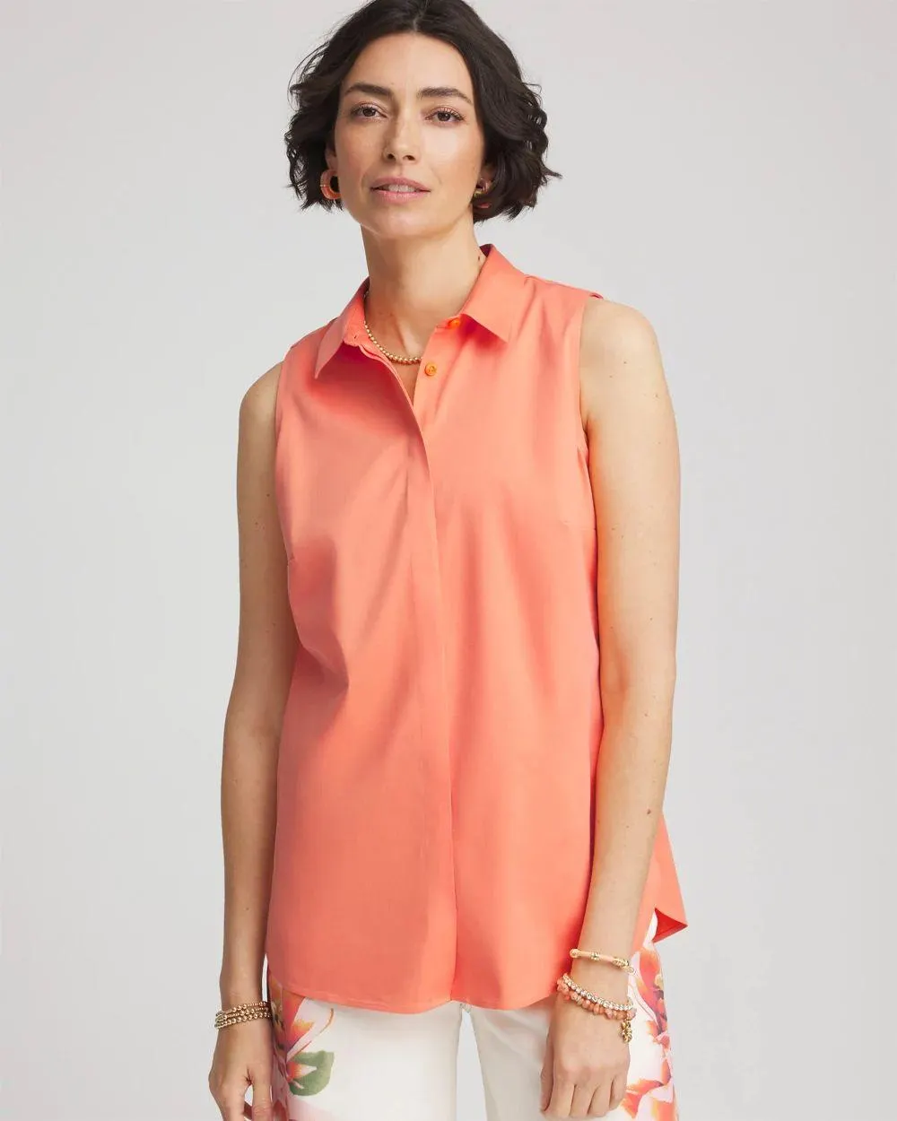 No Iron ™ Sleeveless Sateen-Stretch Shirt