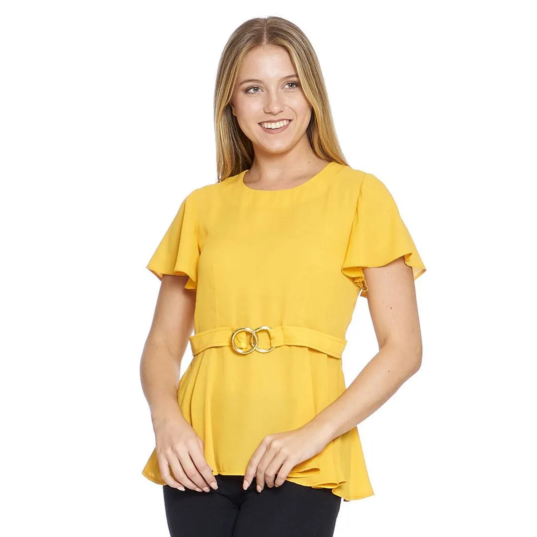 Blusa Para Mujer Con Hebilla En Citura Manga Corta Con Volante Color Mango Color Mango 550409