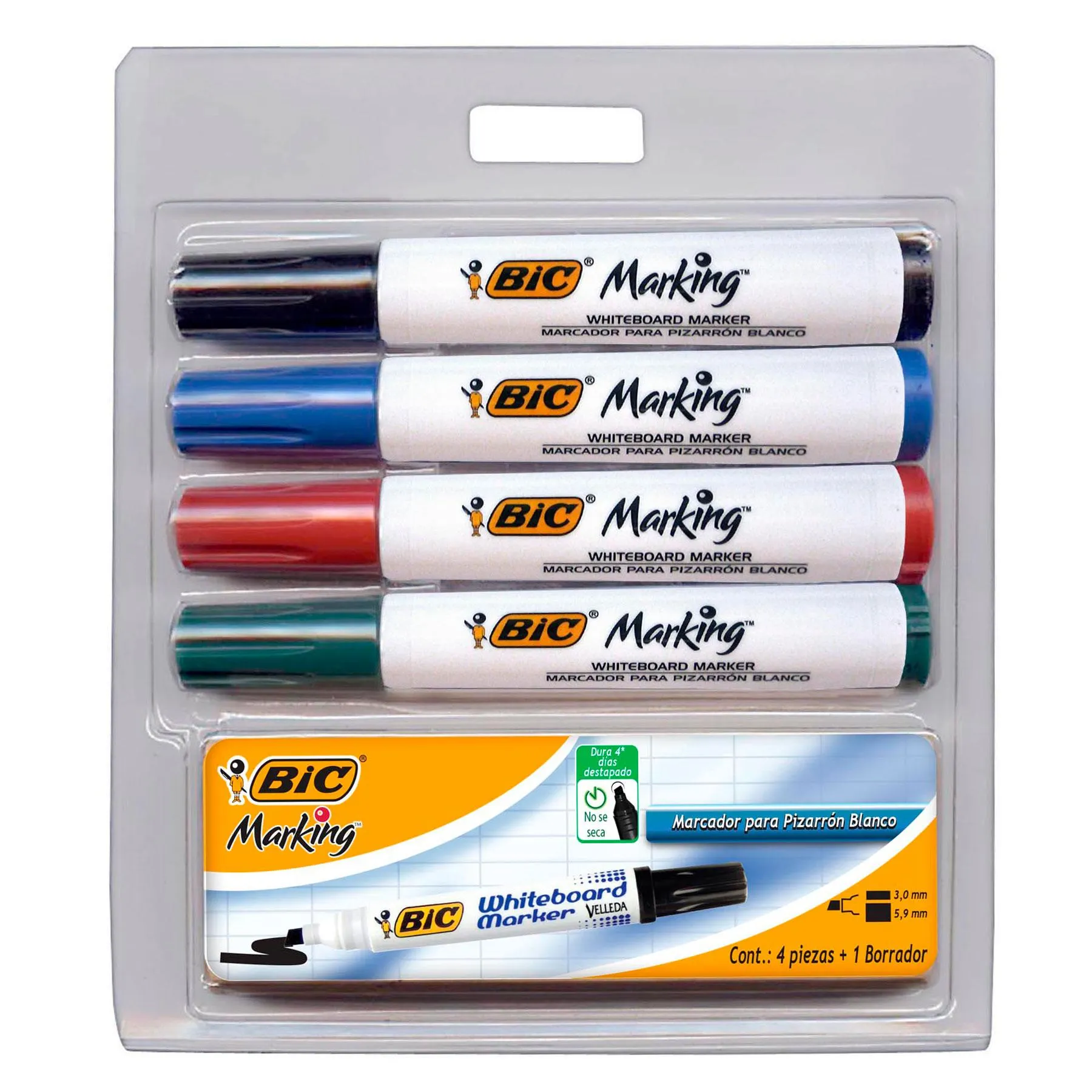 Marcador para Pintarrón Bic Bl/4 + Borrador, Punta Cincel