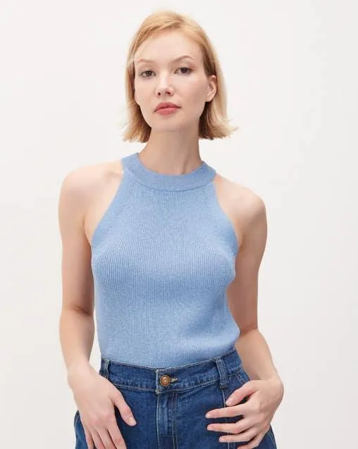 Blusa Halter Azul Tejido Canale Con Lúrex