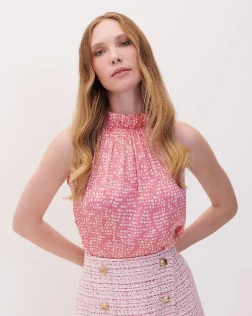 Blusa Halter Rosa De Satín Estampado De Lunares