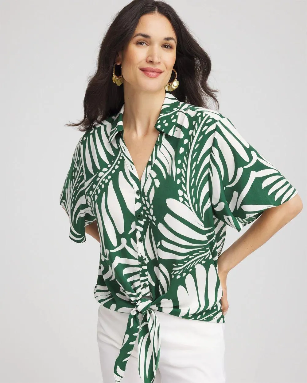 Palm Print Tie-Front Silky Top