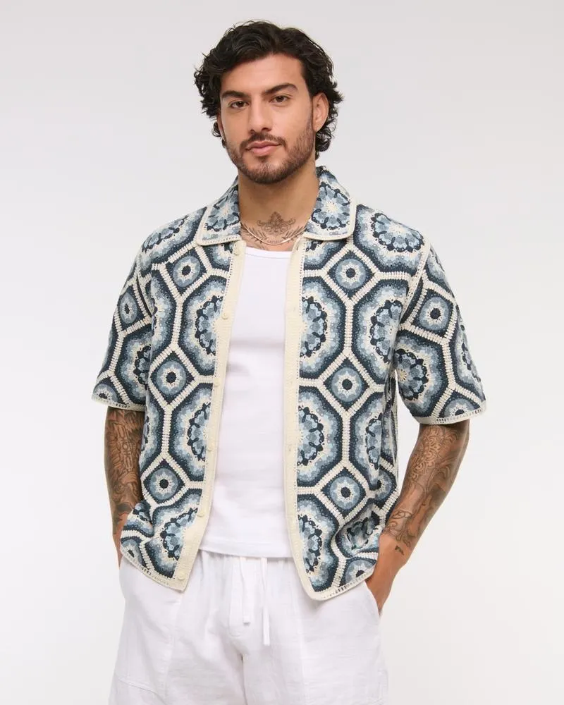 Crochet-Style Floral Pattern Button-Through Sweater Polo