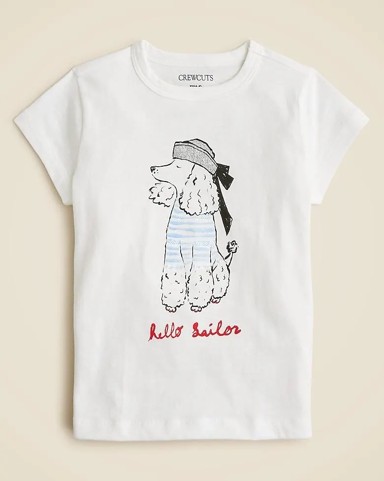 Girls' short-sleeve sailor dog graphic T-shirt with glitter