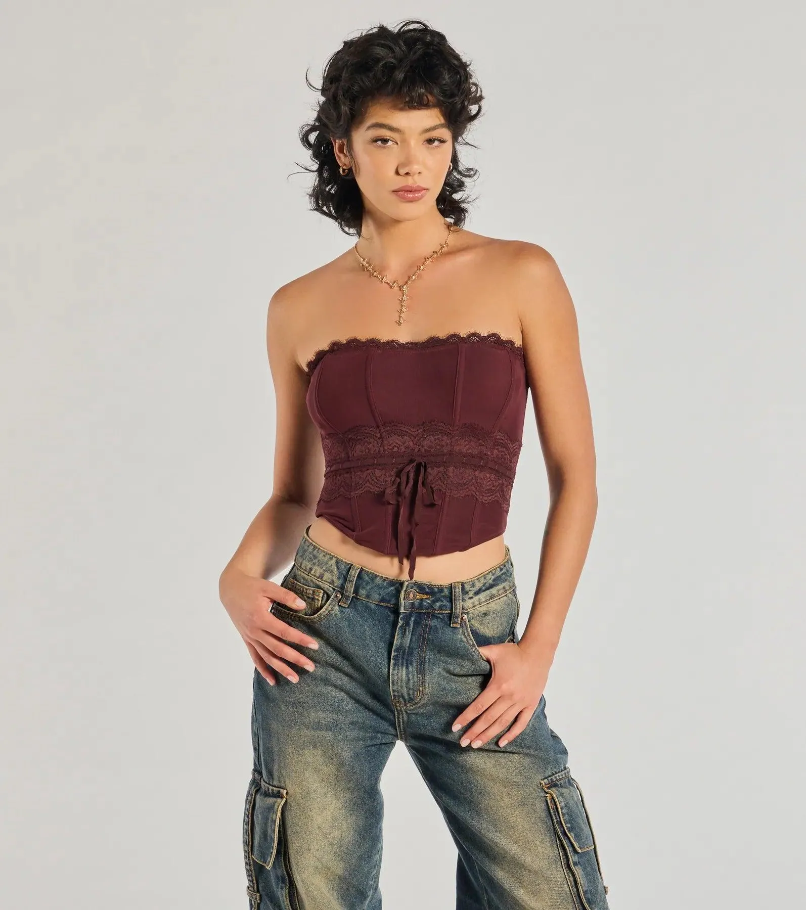 Chic Attitude Lace Trim Mesh Corset Top