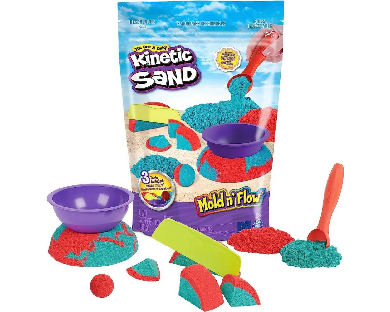 Kinetic Sand Mold n' Flow, arena de juego roja y verde