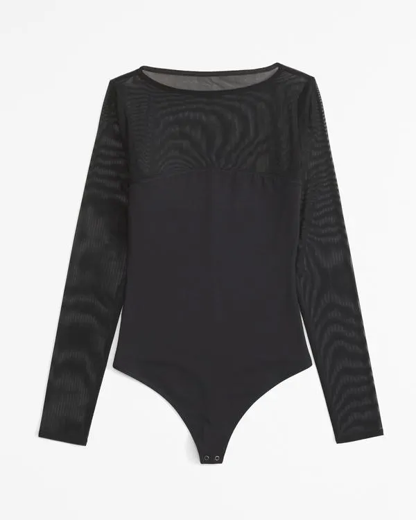 Long-Sleeve Mesh Slash Bodysuit