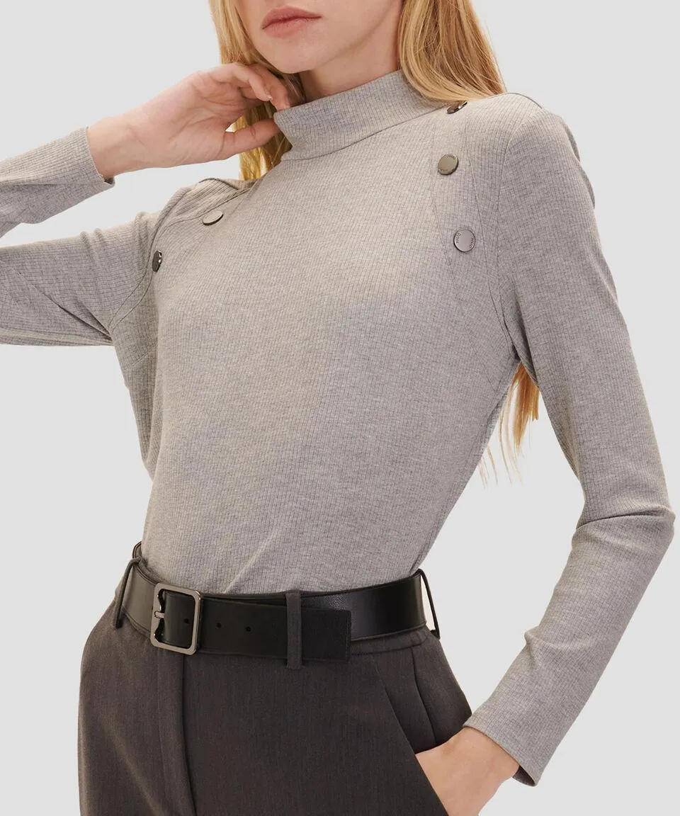 Blusa de punto cuello alto botones metálicos Mujer