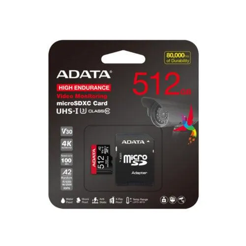 Memoria MicroSDXC 512GB Adata AUSDX512GUI3V30SHA2-RA1 High Endurance, Con Adaptador, UHS-I Clase 10