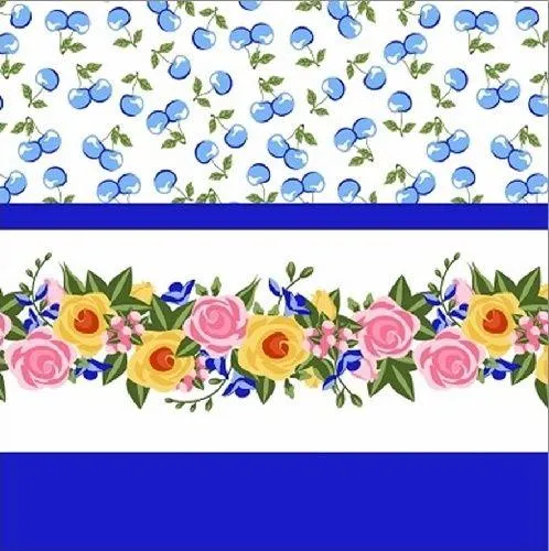 Cortina Tergal Zurich Flores Cerezas Azul Rey