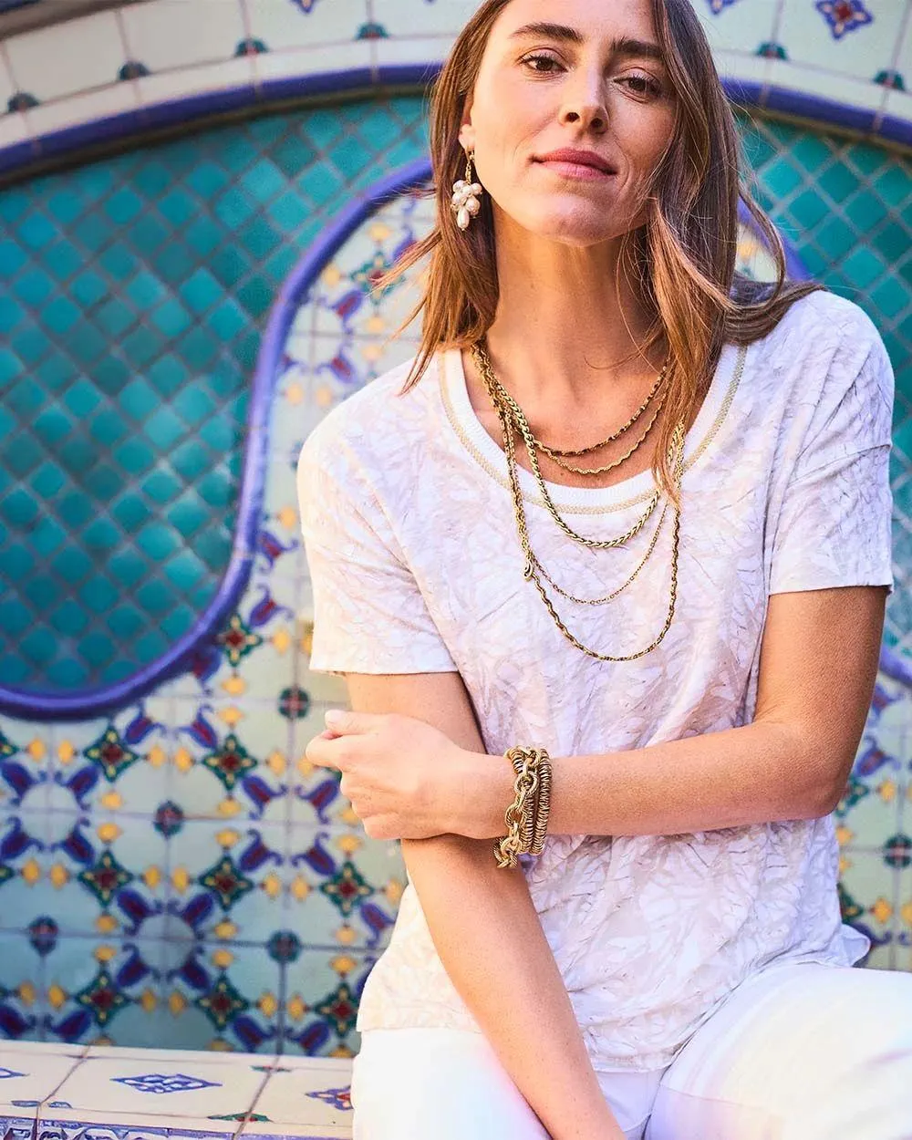 Printed Sweater Trim Linen Tee