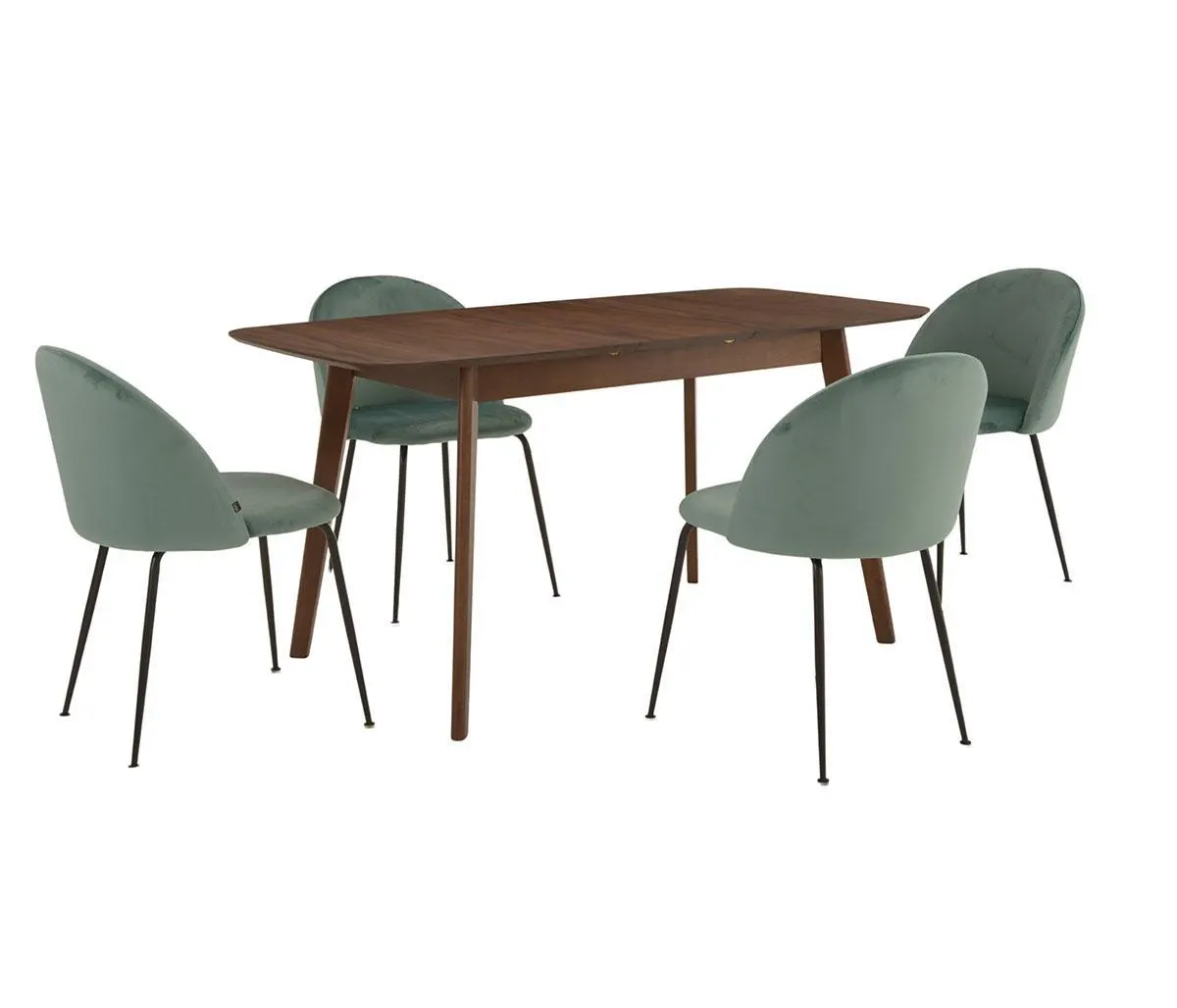 Mesa de comedor extensible Balnur 120cm - Nogal + 4 Sillas Atlahapa pata negra - Verde claro