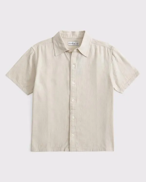 textural short-sleeve linen-blend shirt