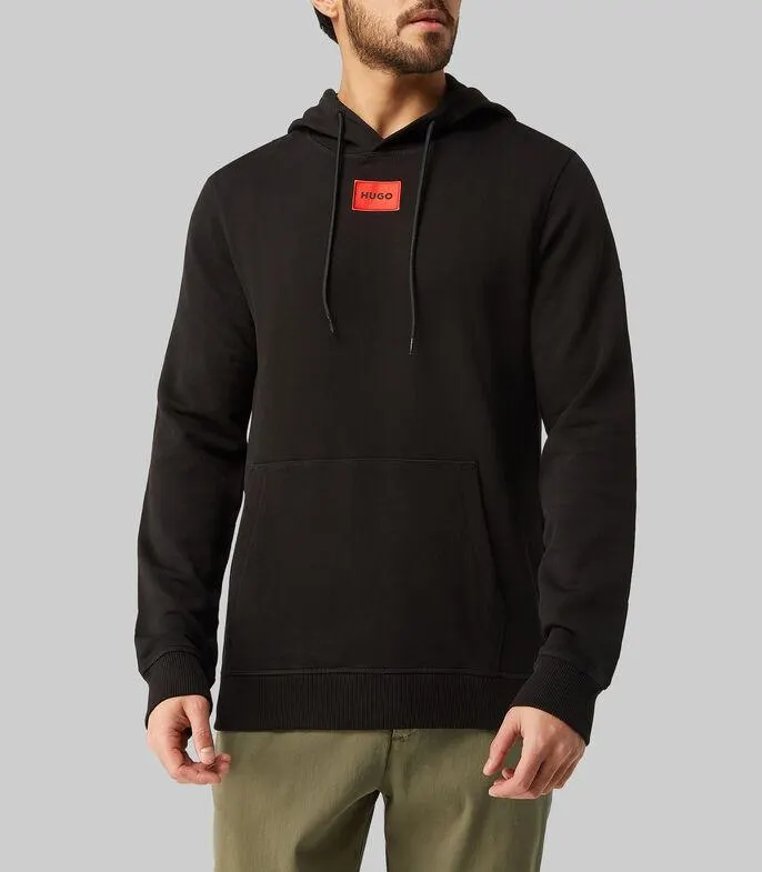 Sudadera Hugo con capucha de felpa de algodón y etiqueta roja Hombre