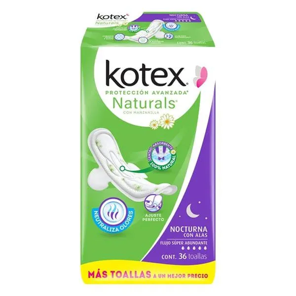 Toallas femeninas Kotex naturals nocturna con alas 36 toallas