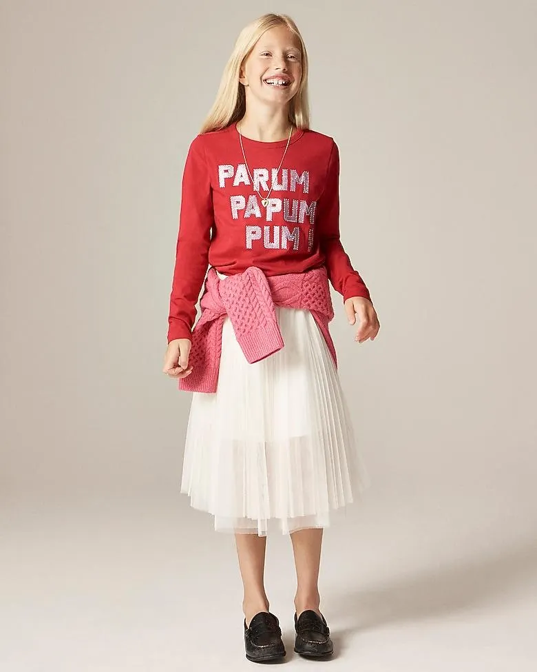 Girls' long-sleeve "Pa rum pa pum" graphic T-shirt with embellishments