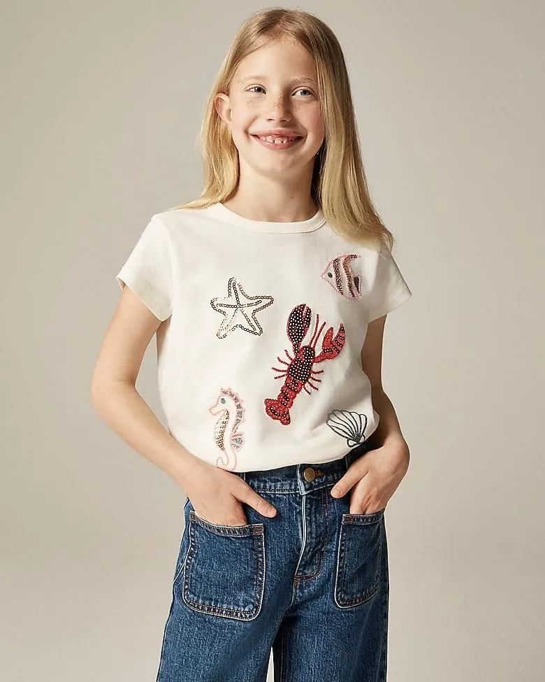 Girls' short-sleeve sea critter embellished graphic T-shirt