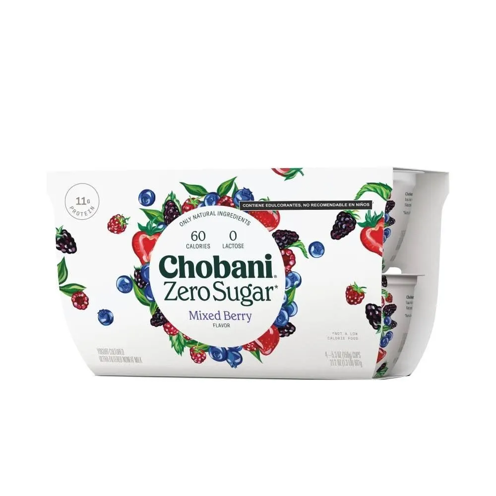 Yogurt griego Chobani Zero Sugar sabor frutos rojos 4 pack de 150 g c/u