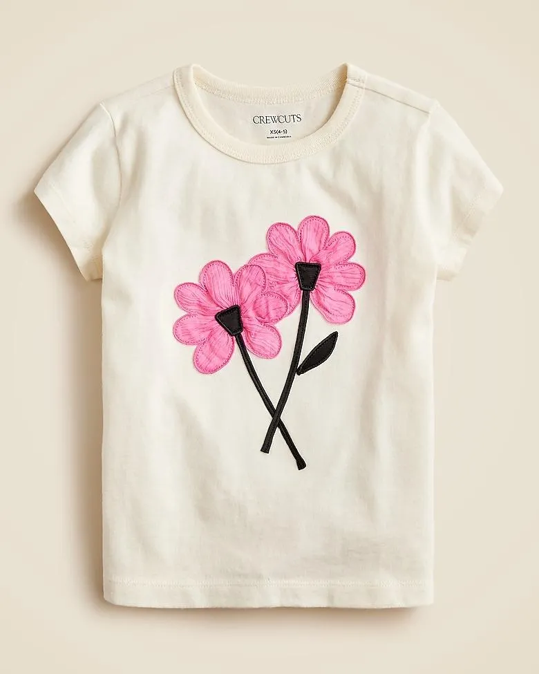 Girls' short-sleeve flower appliqué graphic T-shirt