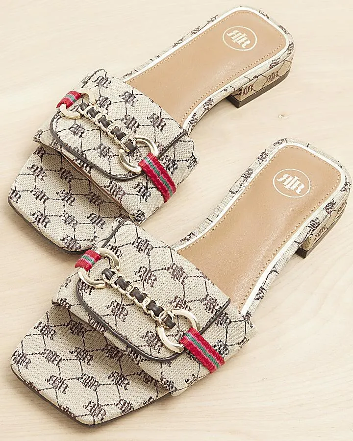 Beige monogram buckle mule sandals