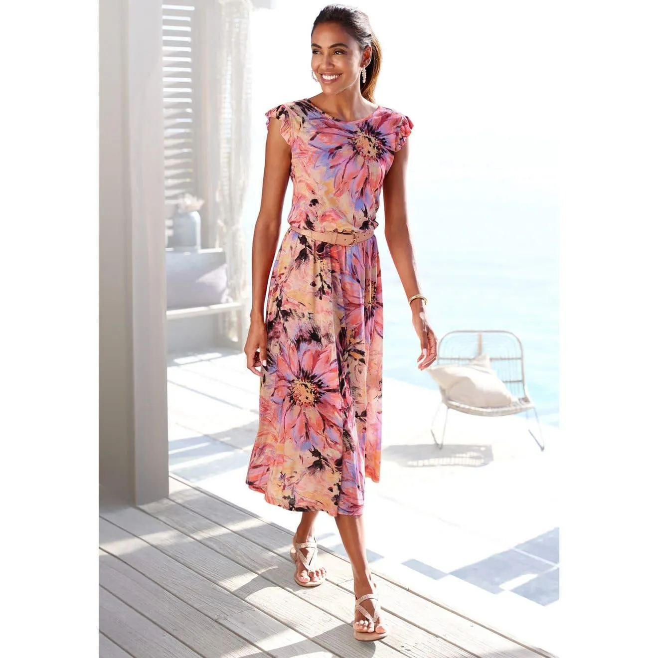 Lascana Midi-jurk met ruchemouwtjes