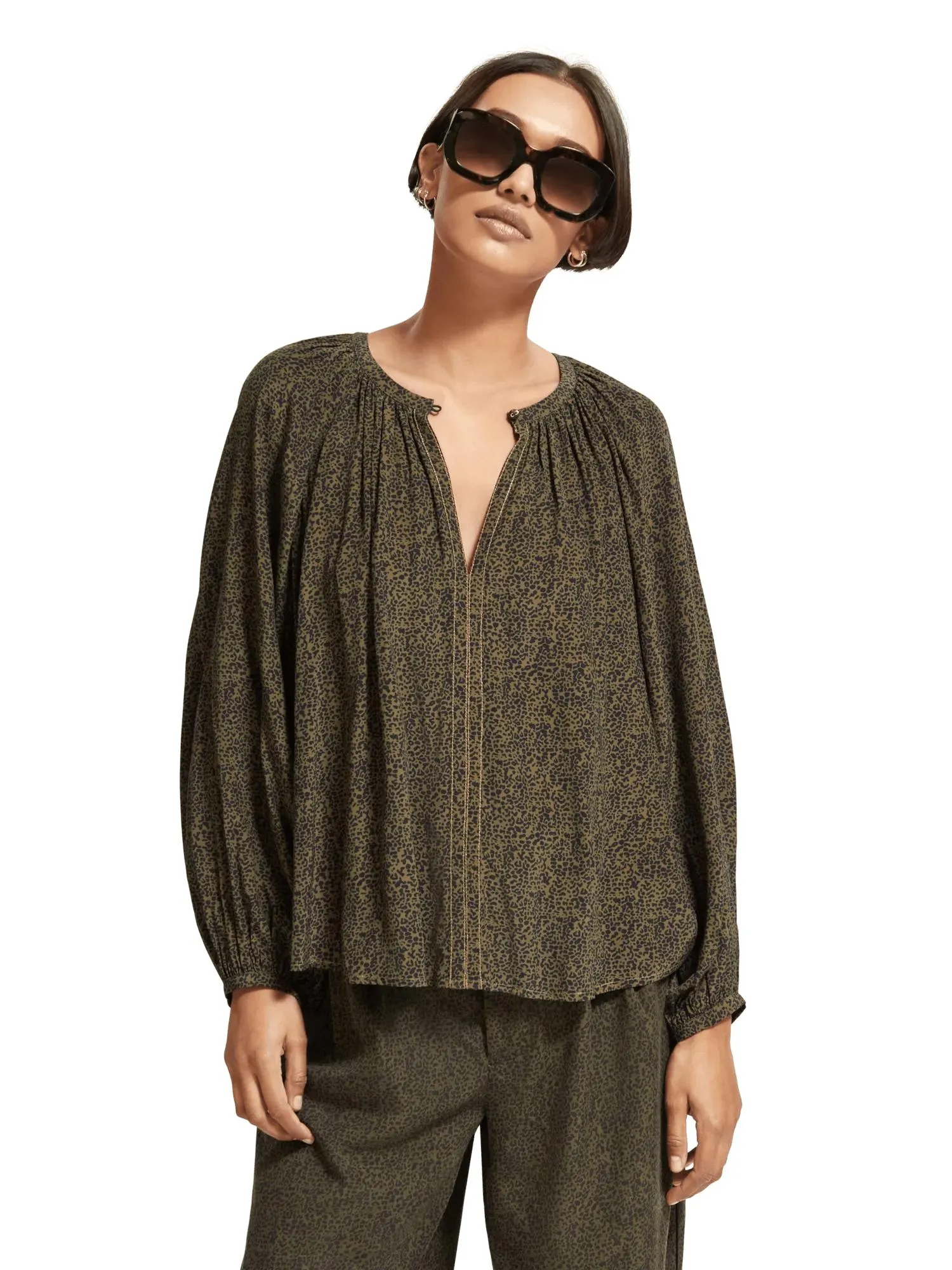 Balloon sleeve animal print blouse