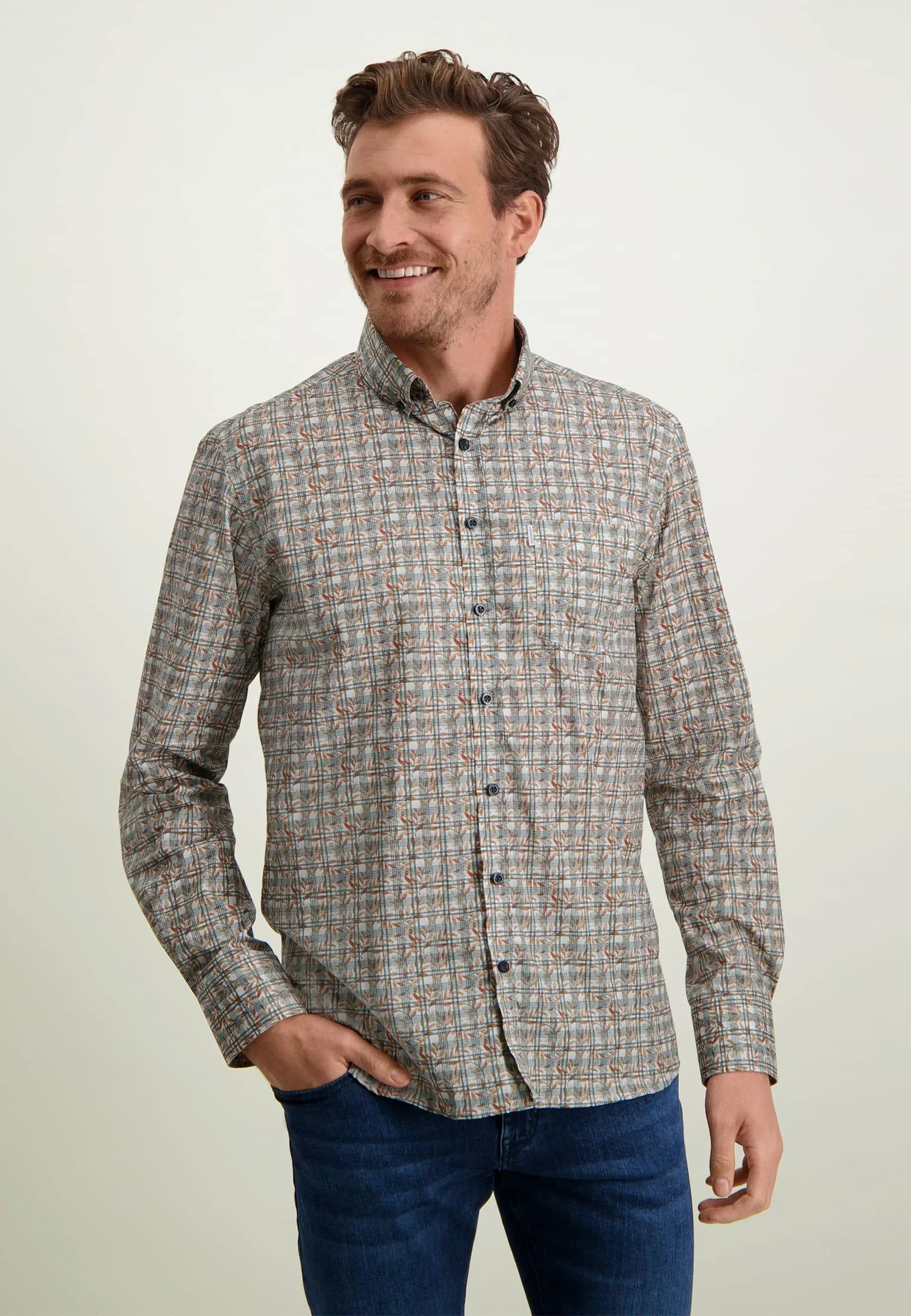 Poplin Overhemd met Print Camel Greige