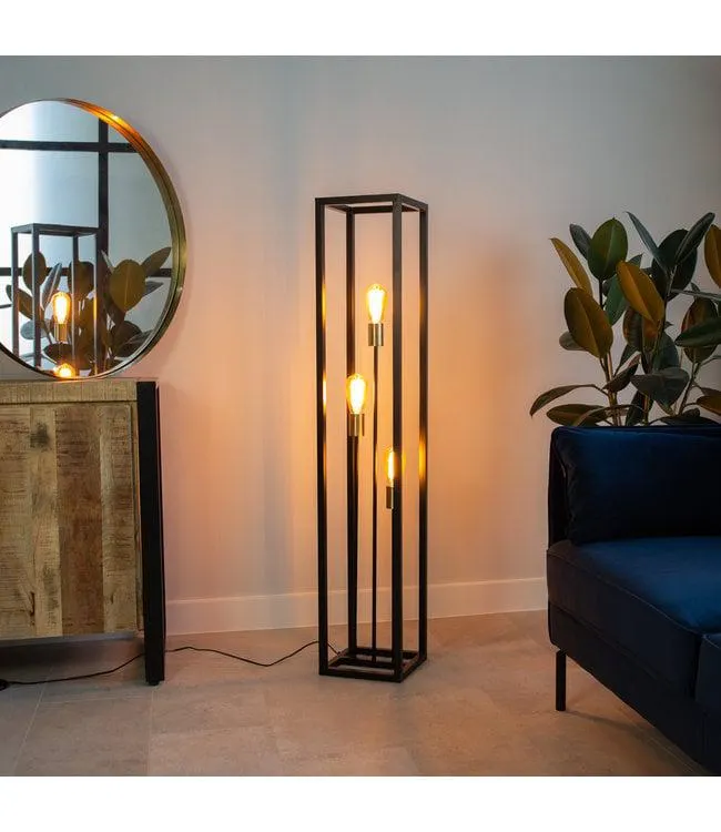 Industriële vloerlamp Coen zwart goud