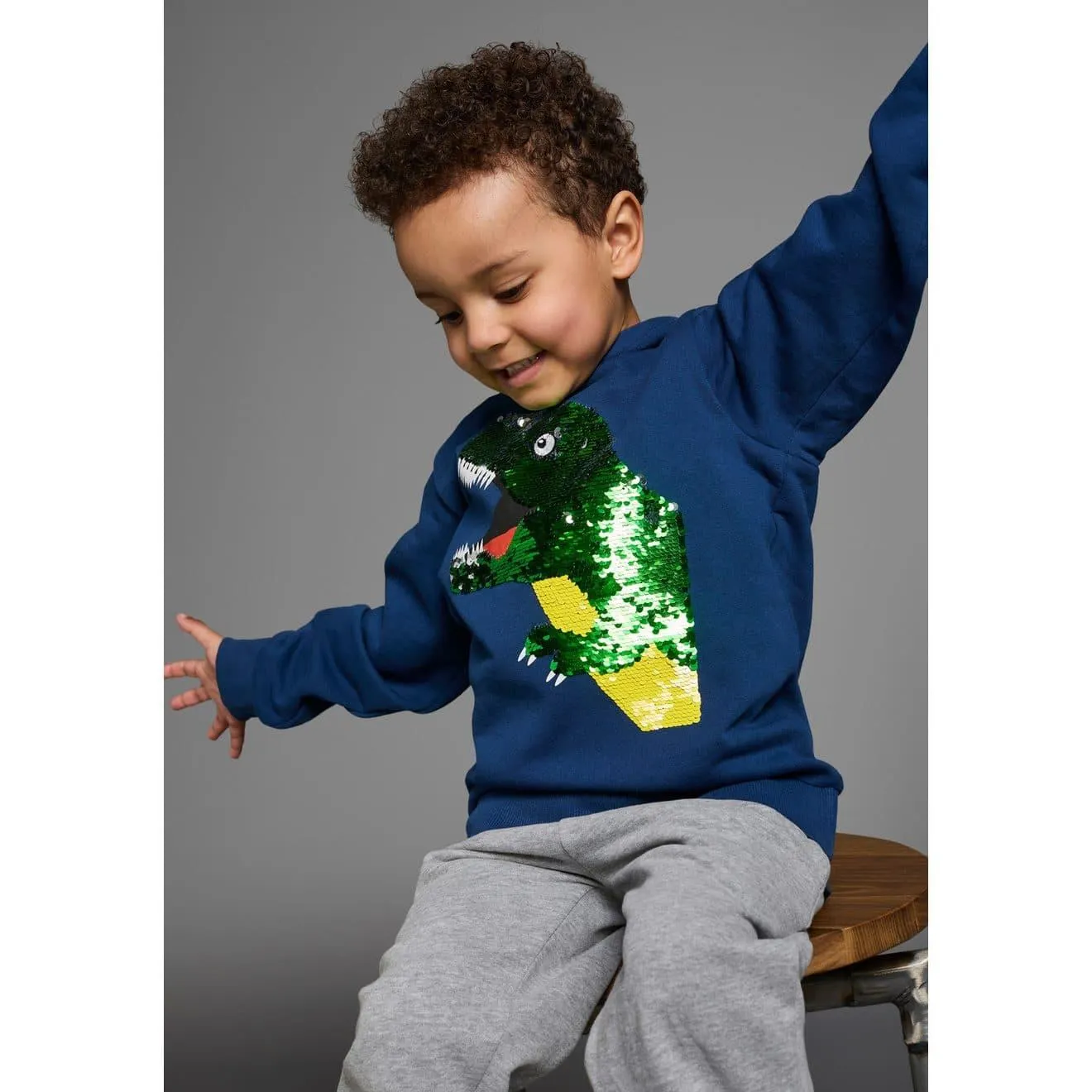 KIDSWORLD Hoodie Met leuke dino van omkeerbare pailletten Lange mouwen, basic pasvorm, bedrukt, van katoen