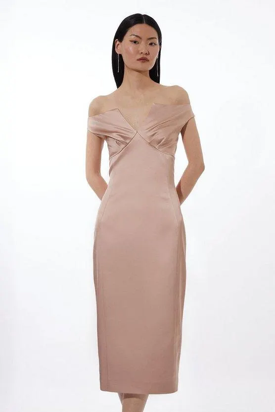 Italian Satin Tailored Off Shoulder Panelled Midi Dress