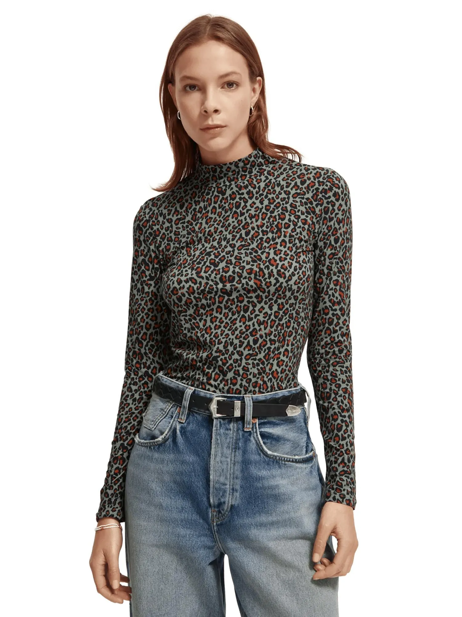 Printed long-sleeved mockneck T-shirt
