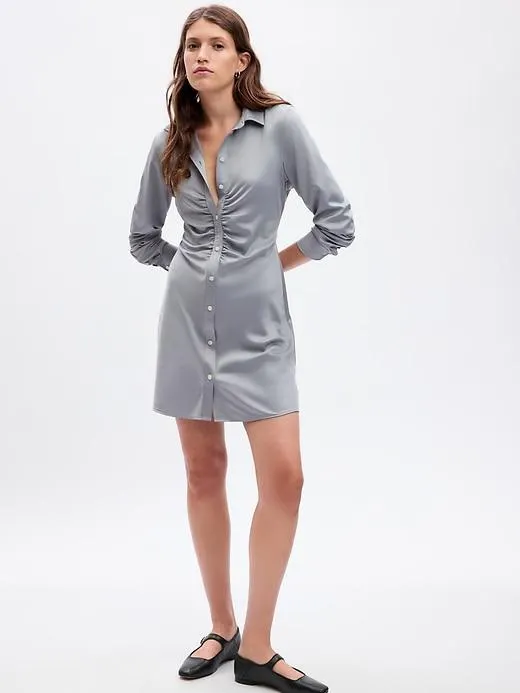 Satin Ruched Mini Shirtdress