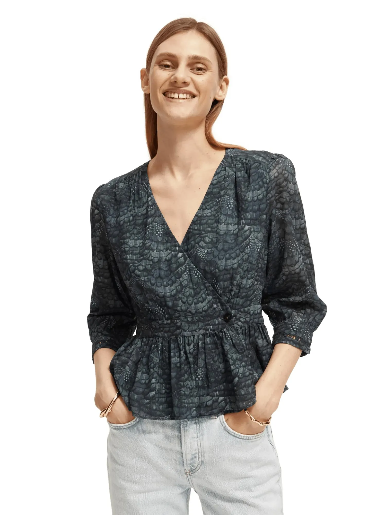 V-neck buttoned wrap blouse