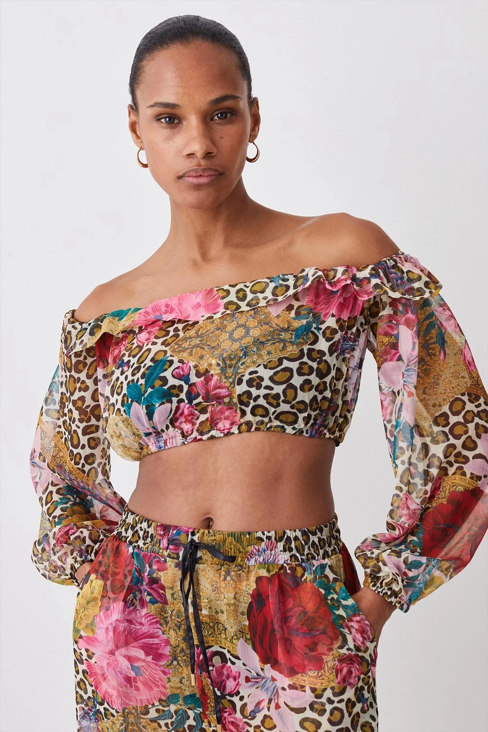 Leopard Floral Bardot Beach Crop Top