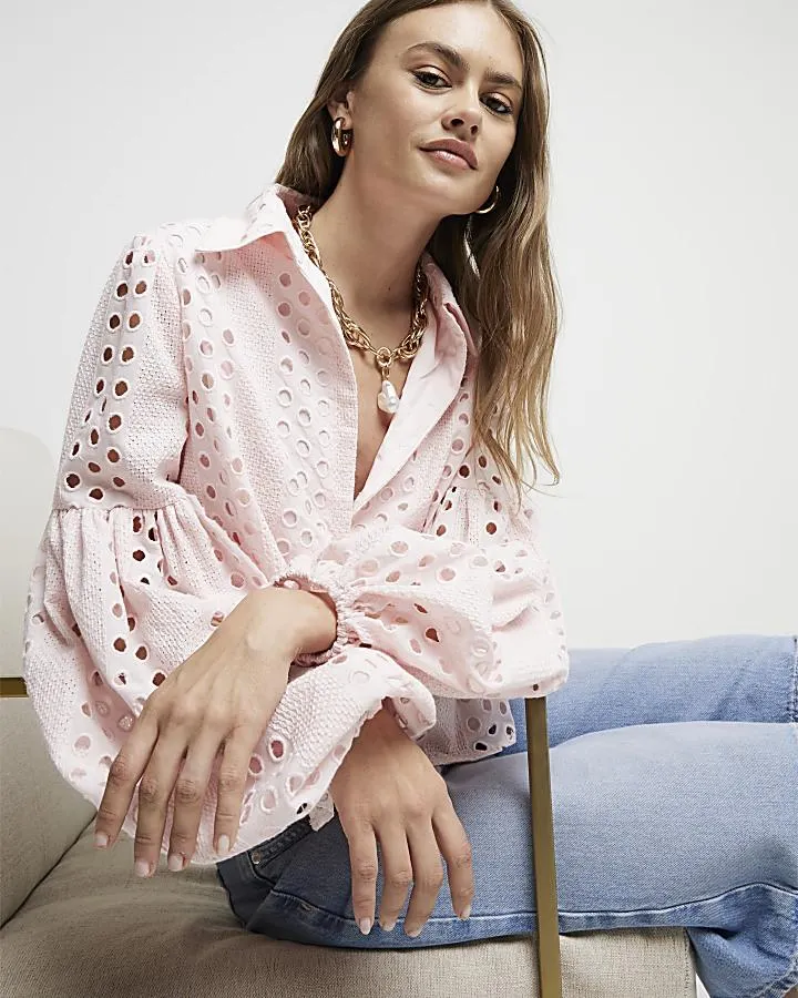 Pink Broderie Puff Sleeve Shirt