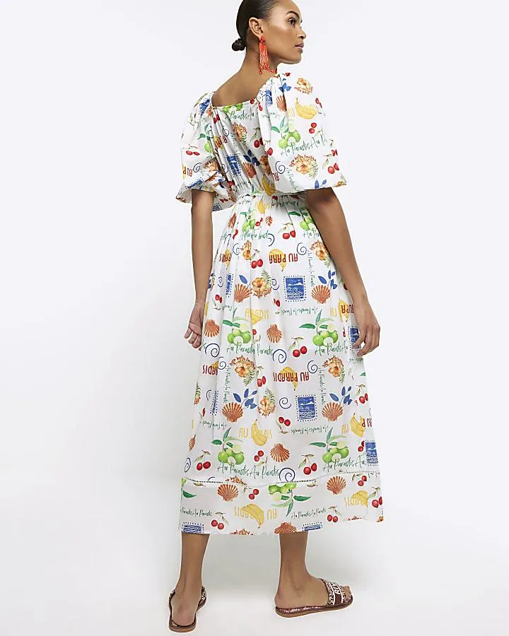 Ecru graphic puff sleeve swing midi dress