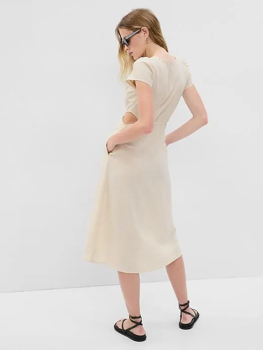Linen-Blend Cutout Midi Dress