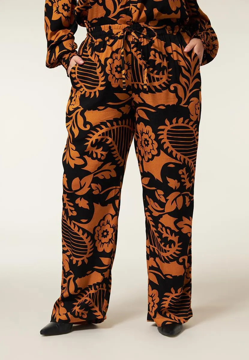 Broek jacquard wide leg print oranje