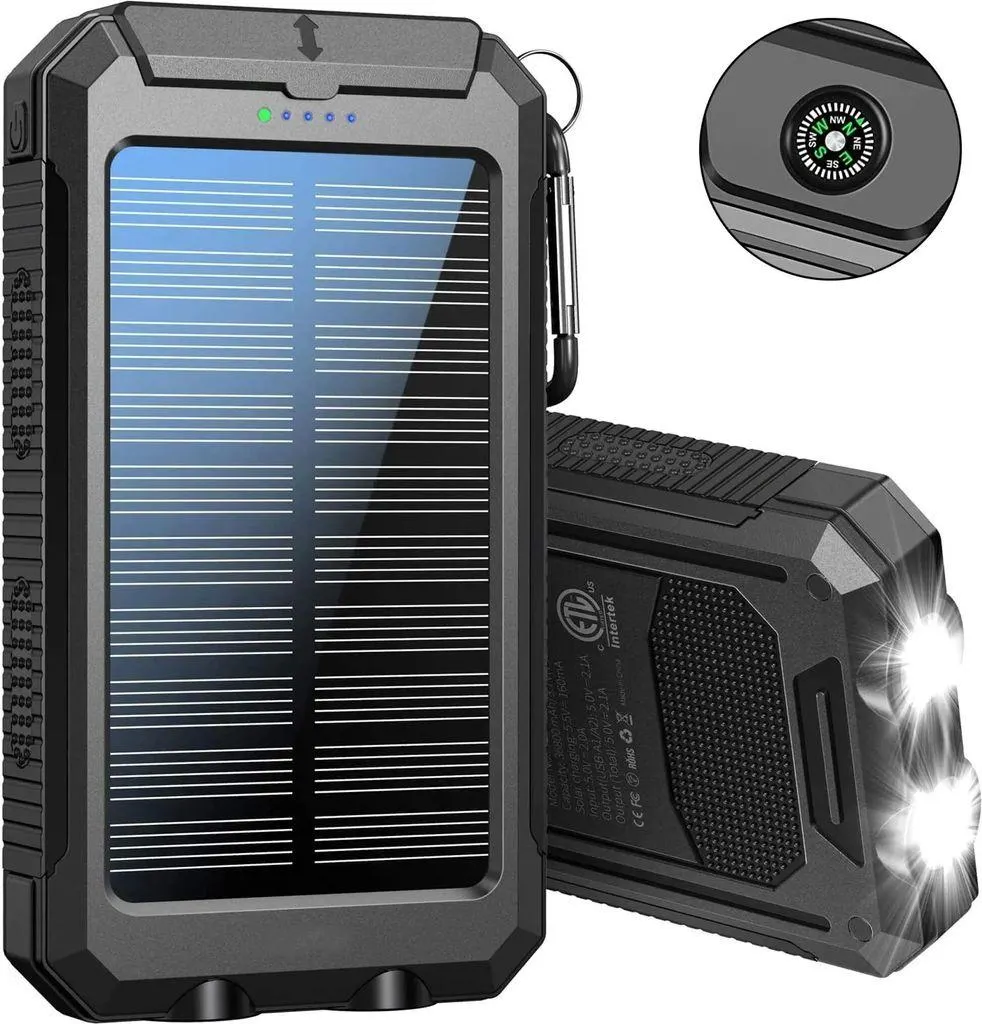 Solar Powerbank, 30000mAh Wasserdichtes Solar Ladegerät USB Externer Akku mit 2 Outputs, Power Bank für Smartphones, Tablets und mehr, mit Taschenlampe und Compas
