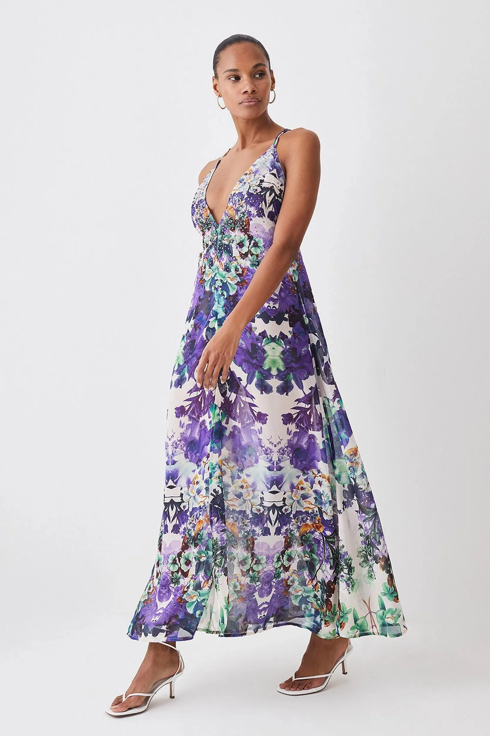 Tall Mirrored Floral Embellished Strappy Beach Maxi Dress