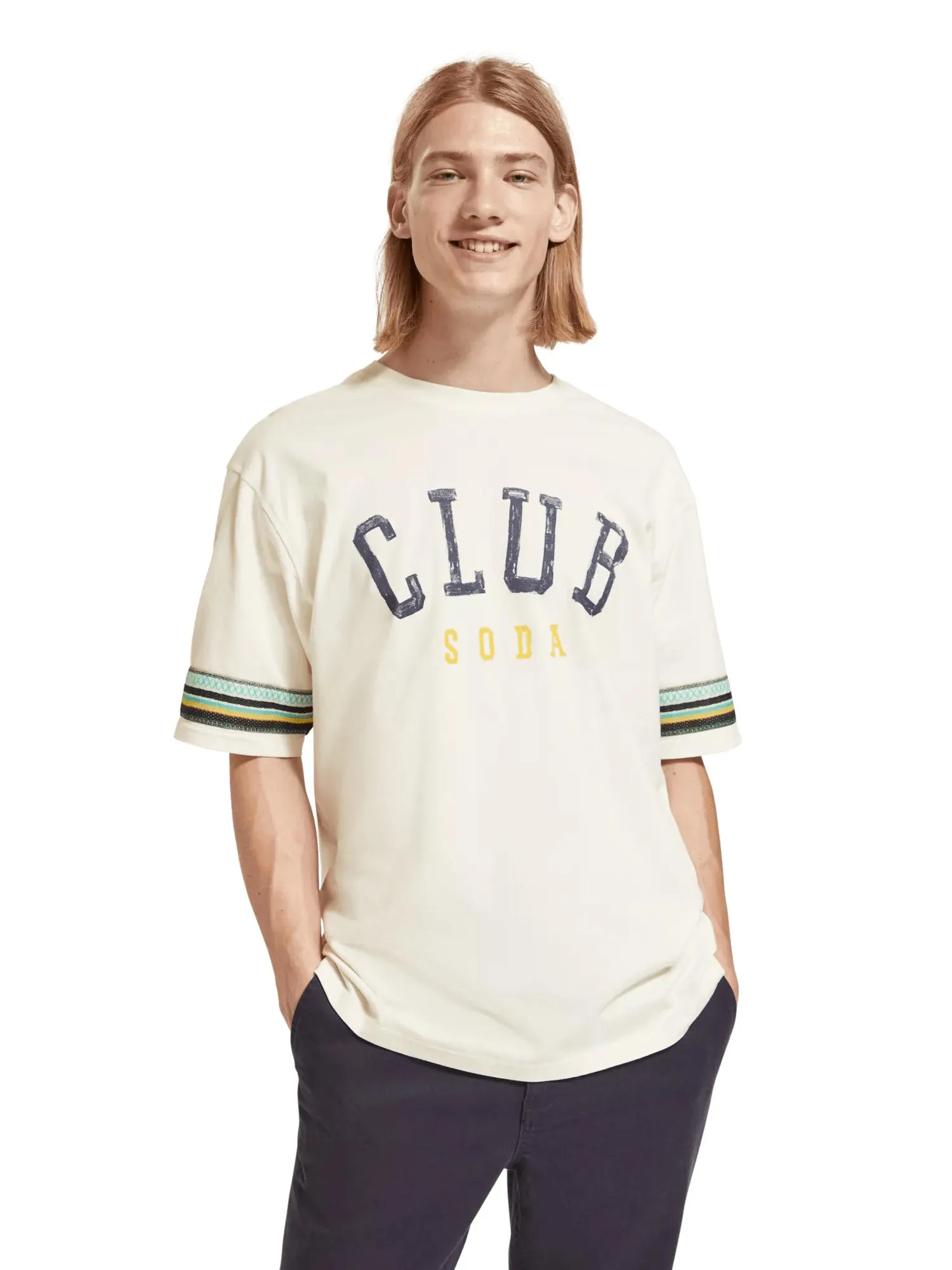 Relaxed fit club soda applique T-shirt in Organic Cotton
