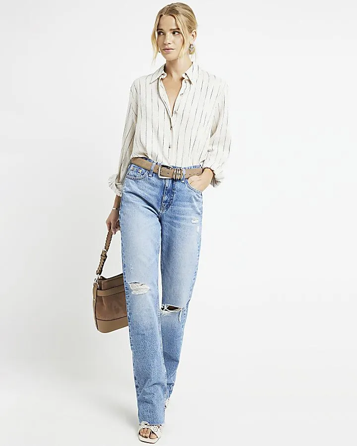 Beige linen blend embroidered crop shirt