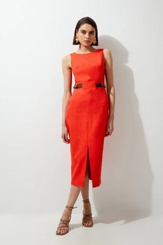 Premium Linen PU Waist Tab Tailored Midi Dress