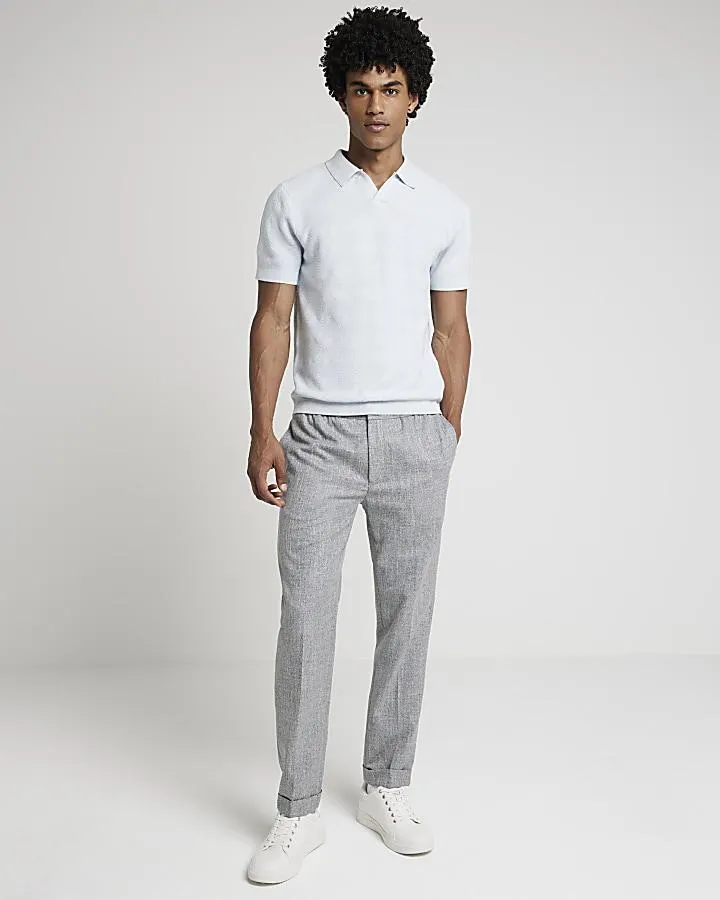 Blue Slim Fit Diamond Stitch Knit Polo Shirt